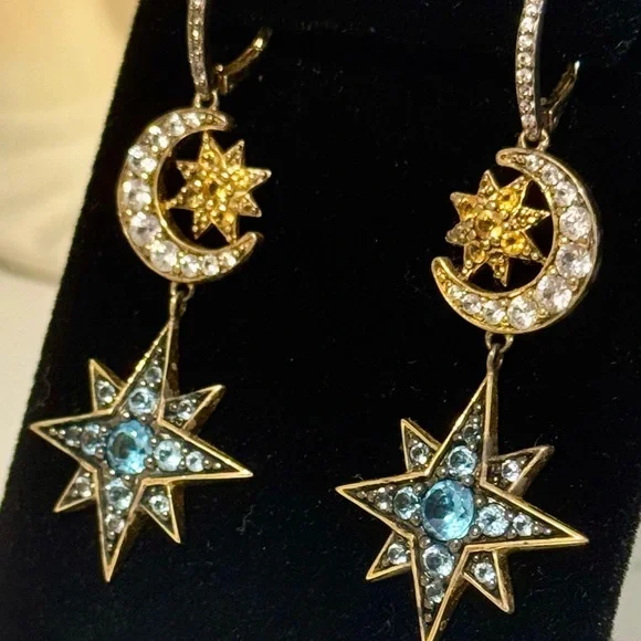 18k Gold Multi-Gemstone Celestial Star and Moon Earrings - Picture 5 of 9